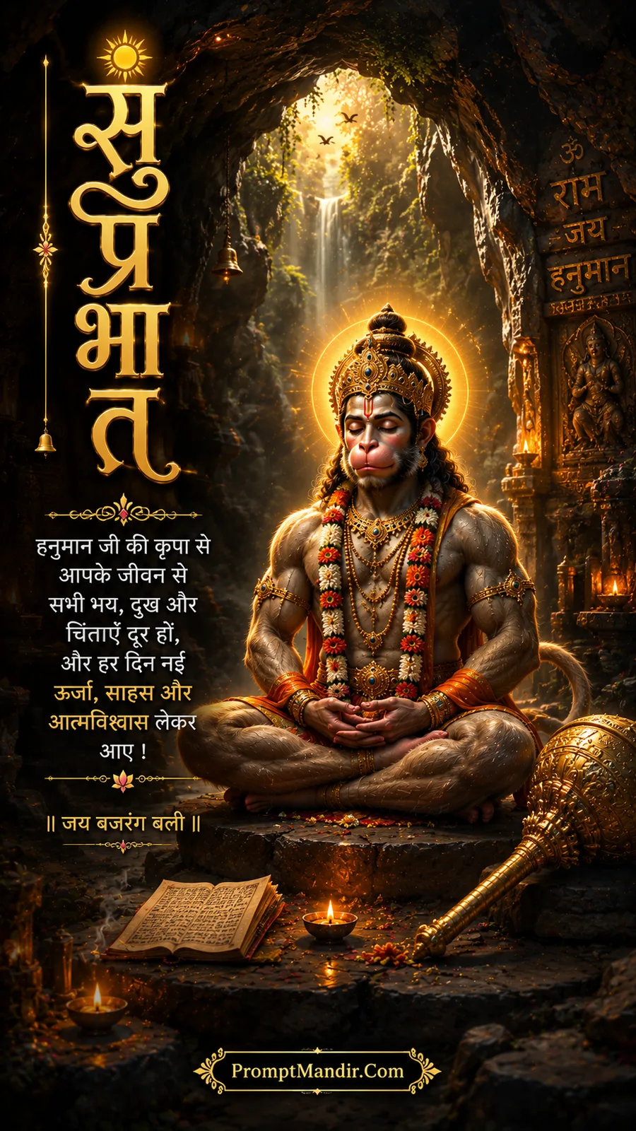 Lord Hanuman meditating inside a glowing cave with a waterfall, his golden Gada beside him, and a sacred book