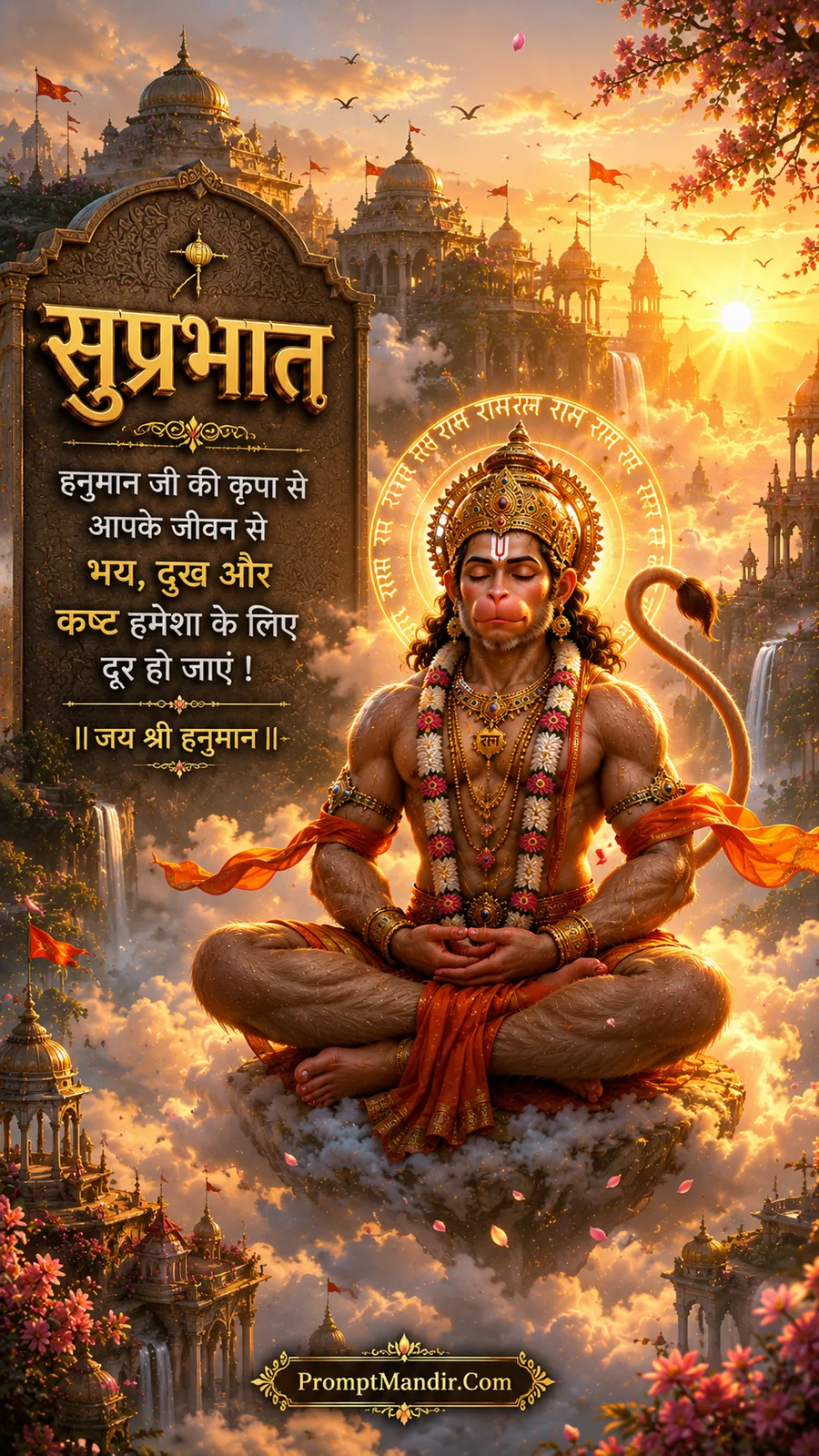 Lord Hanuman meditating on a floating cloud platform in the sky, with a golden halo and the Ram mantra written around it