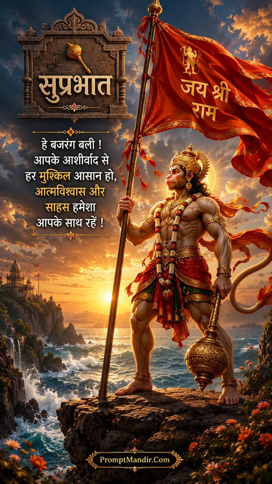 Lord Hanuman standing on a coastal cliff at sunrise, holding a large red flag with "Jai Shri Ram" written on it