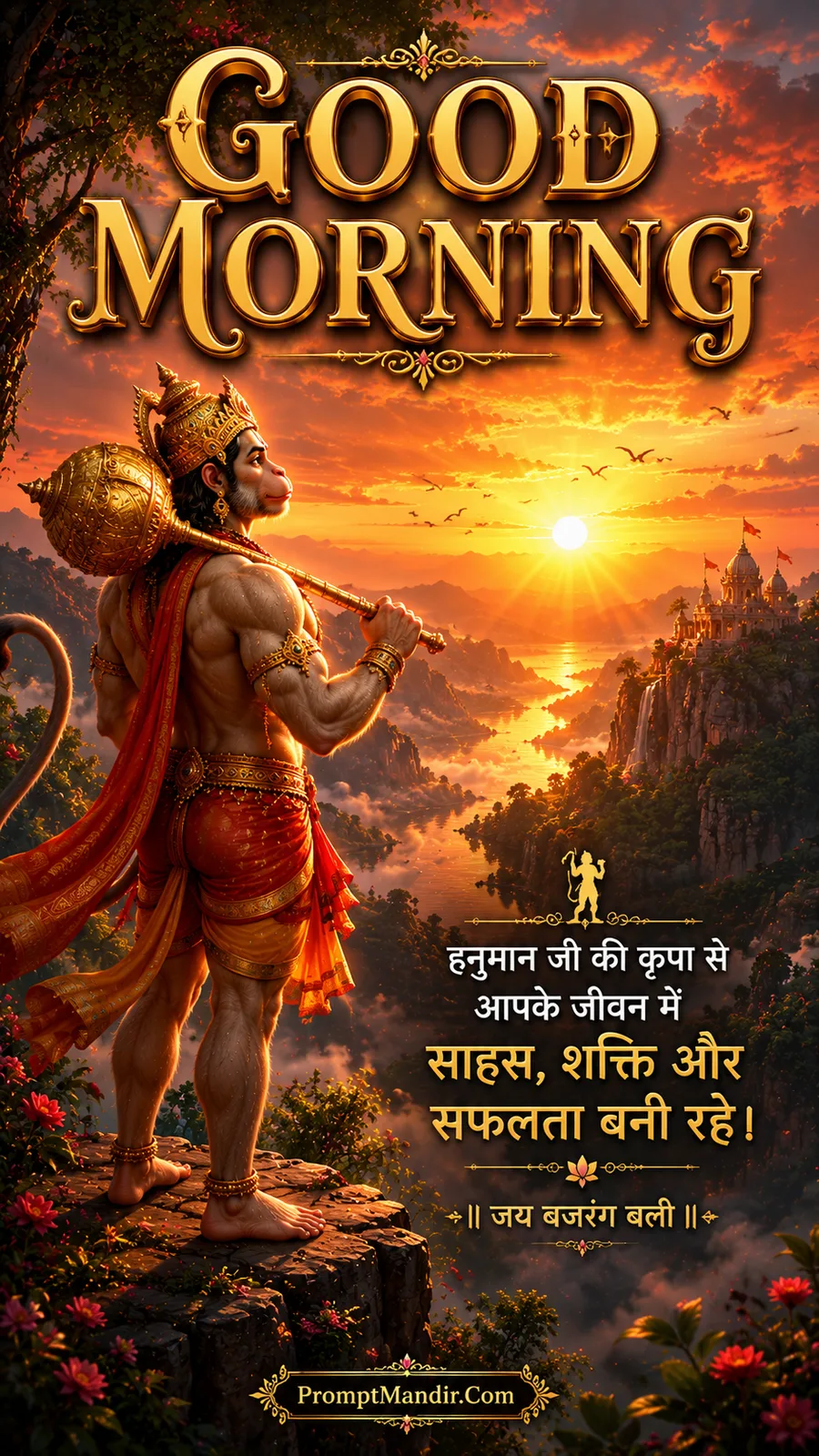 Lord Hanuman standing on a hilltop at sunrise, holding his Gada and looking towards the golden horizon