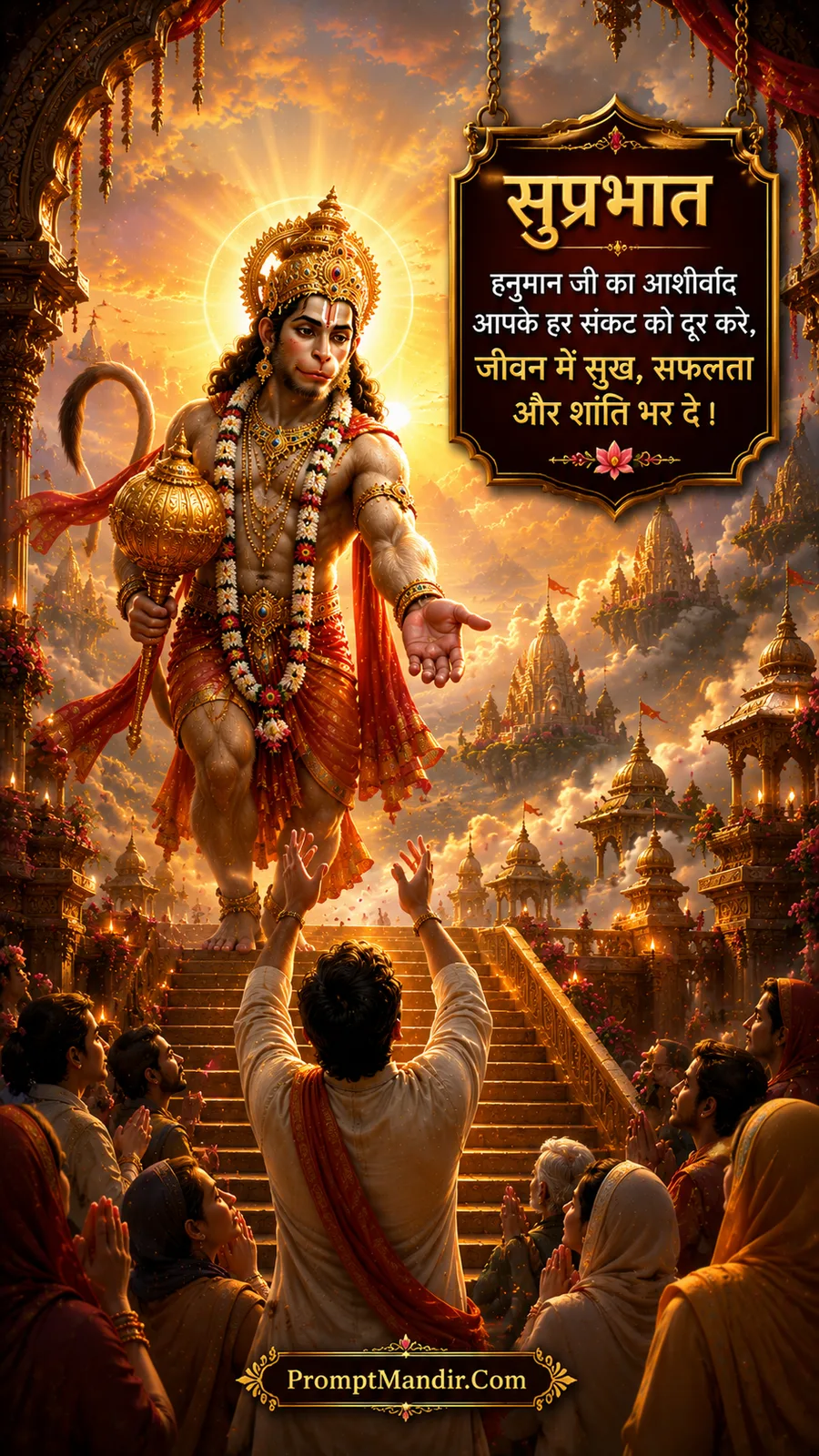 Lord Hanuman descending golden temple stairs, reaching out his hand to a devotee below, with a divine halo