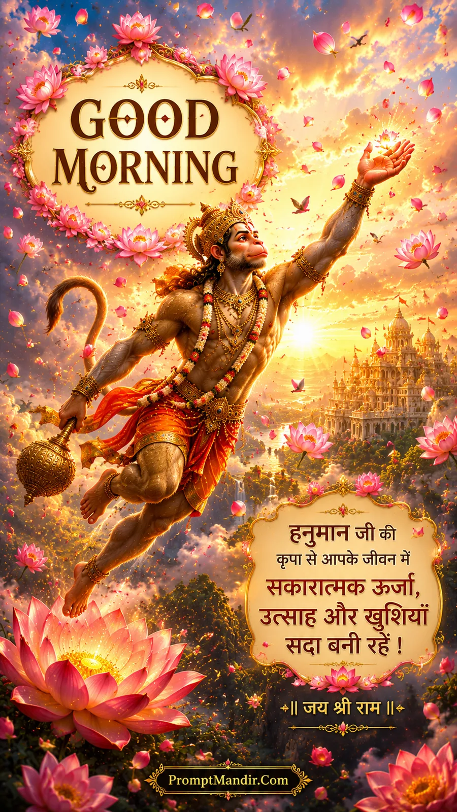 Lord Hanuman leaping dynamically in the sky, holding a lotus, surrounded by golden clouds and flying petals