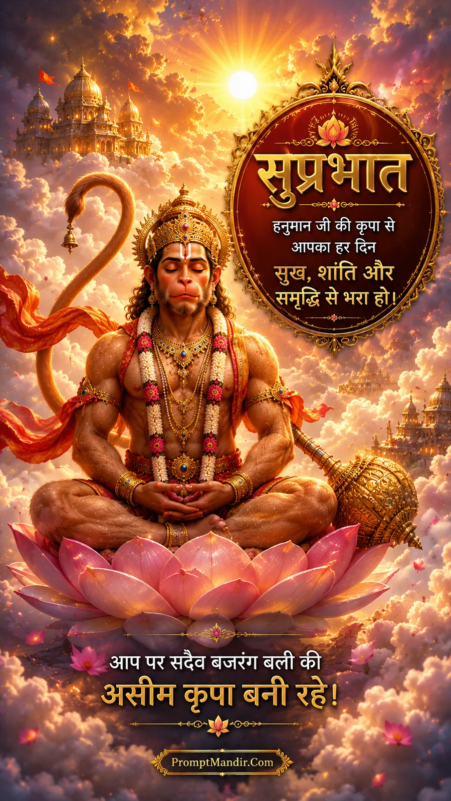Lord Hanuman meditating on a giant pink lotus in the golden sky, surrounded by clouds and floating temples