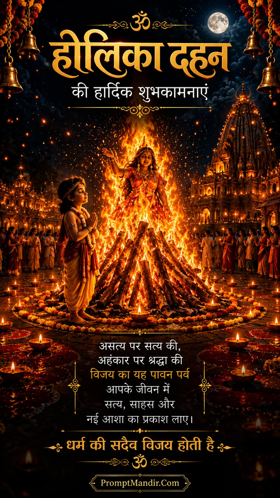 Sacred scene of Holika Dahan with Prahlad praying, Holika burning in the pyre, and a crowd watching under a full moon in a temple courtyard
