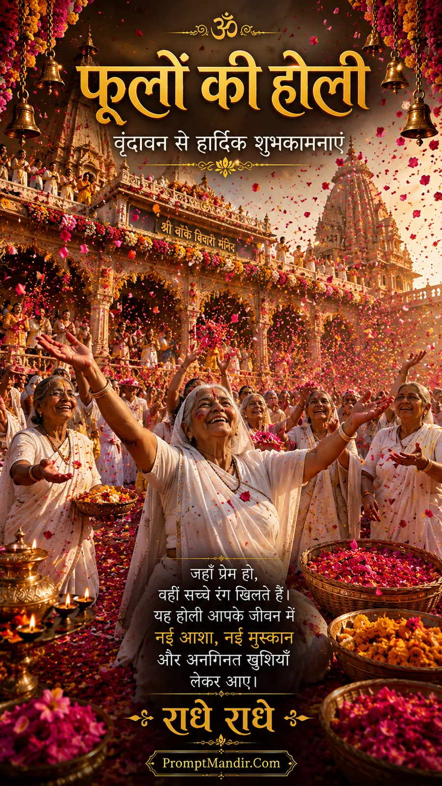 Joyful scene of an elderly woman celebrating Phoolon ki Holi at the Banke Bihari Temple, Vrindavan, with flower petals showering from above