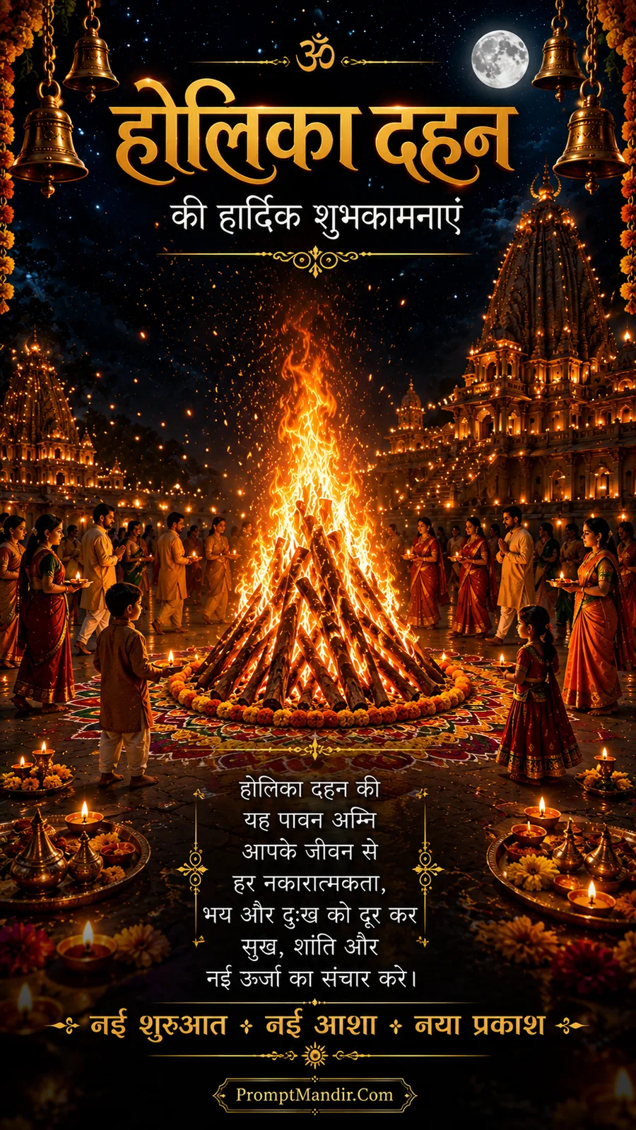 Majestic scene of Holika Dahan with a large bonfire, devotees offering prayers, and a grand illuminated temple in the background