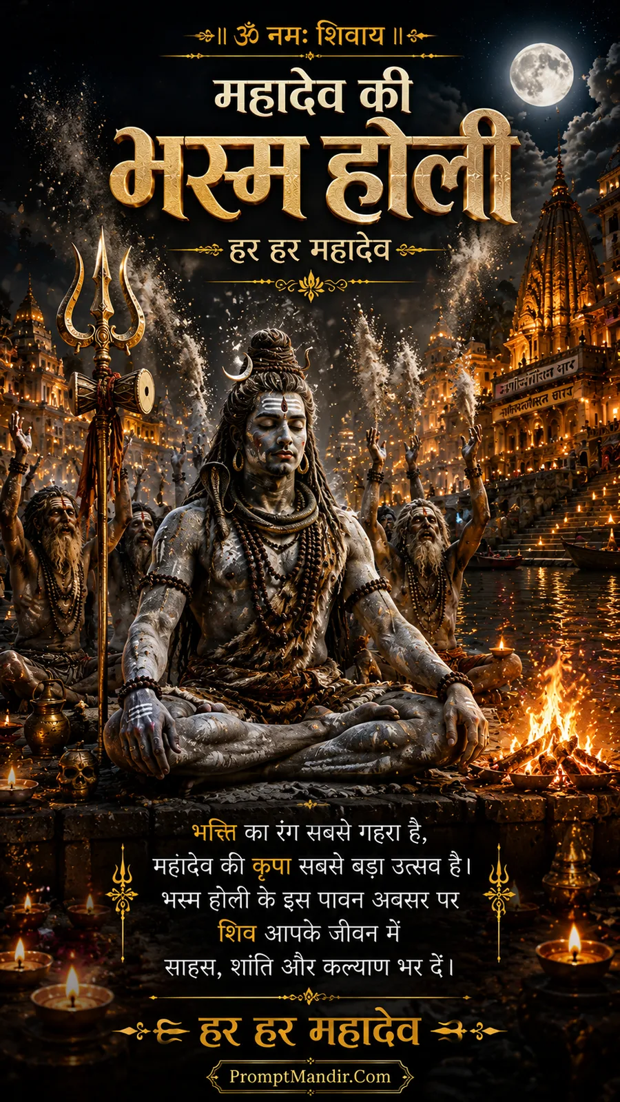 Intense and spiritual scene of Lord Shiva meditating in the Bhasma Holi style, covered in ash, with sadhus chanting around him and a burning pyre nearby