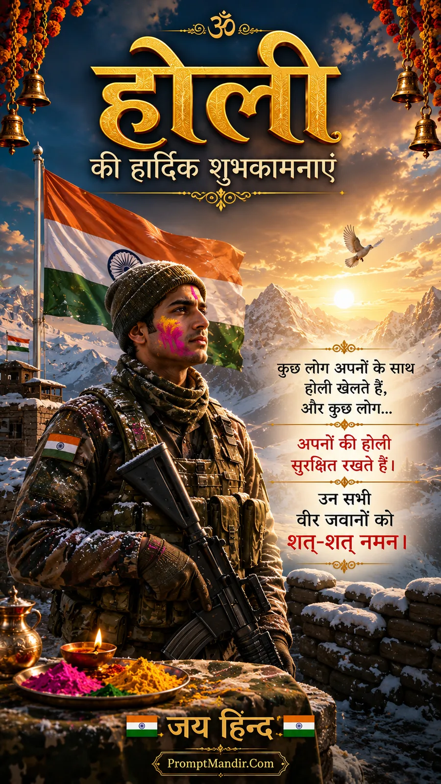 Patriotic scene of an Indian soldier standing guard on a snowy mountain border, with colors on his face, celebrating Holi while protecting the nation