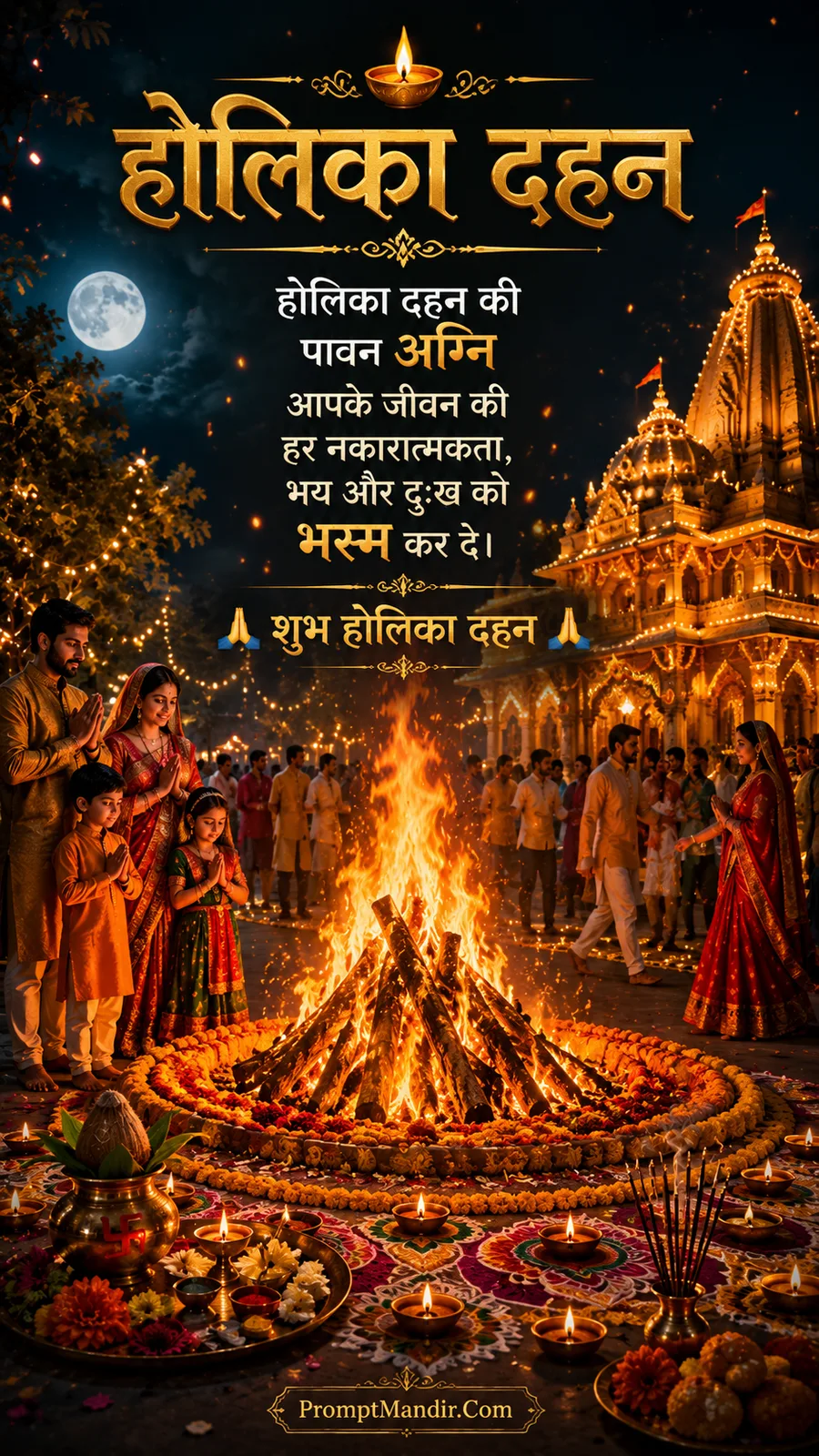 Family celebrating Holika Dahan together, offering prayers around a bonfire with a beautiful temple in the background