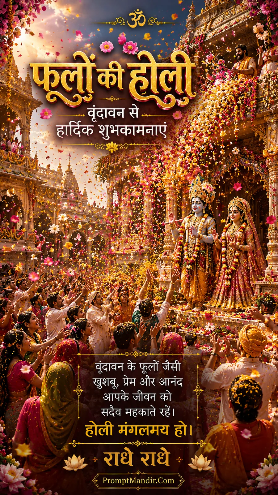 Vibrant scene of Radha-Krishna standing on a temple altar showered with flower petals during Phoolon ki Holi