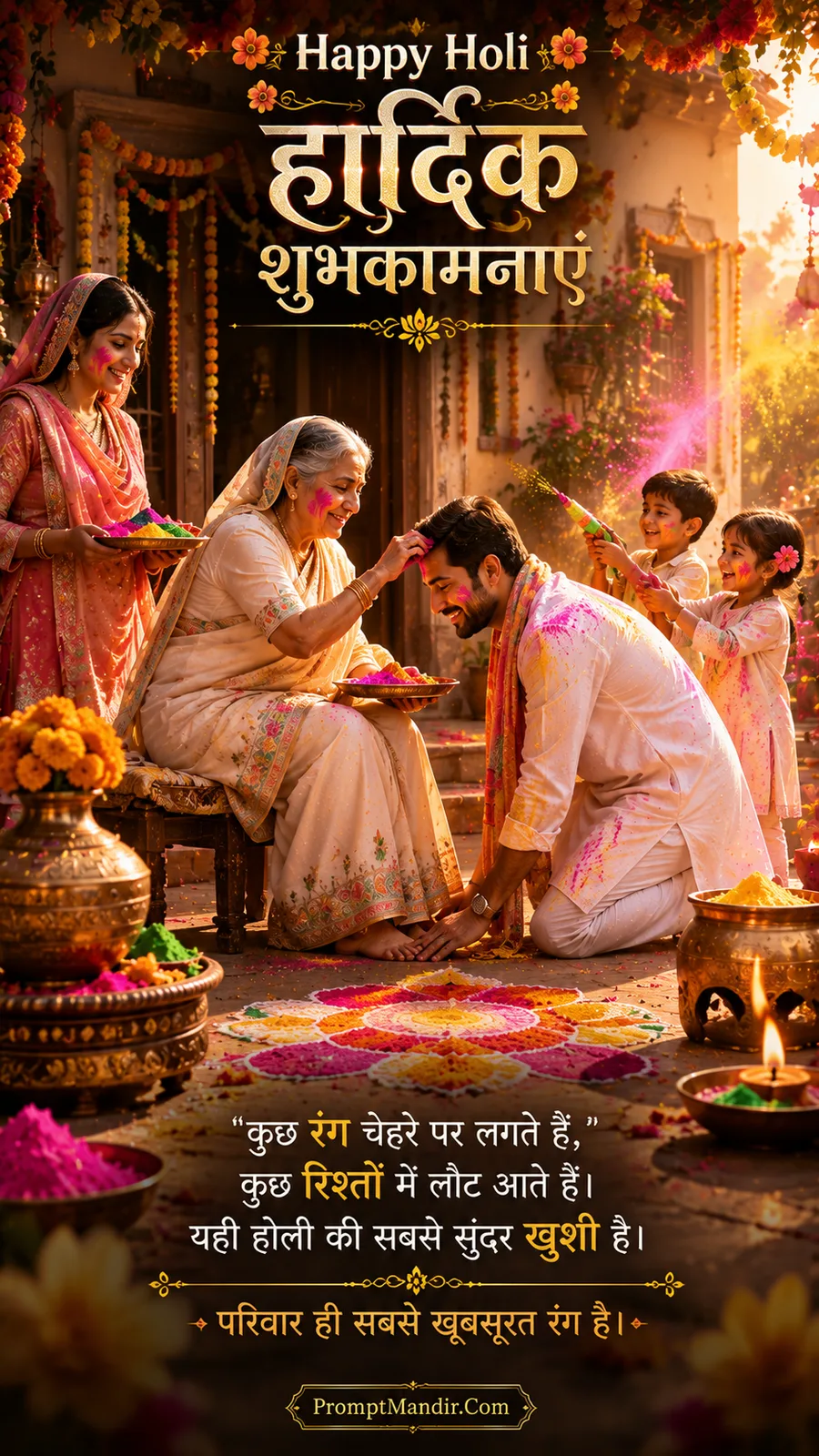 Emotional family scene of a son touching his mother's feet on Holi, while children play with colors in the background