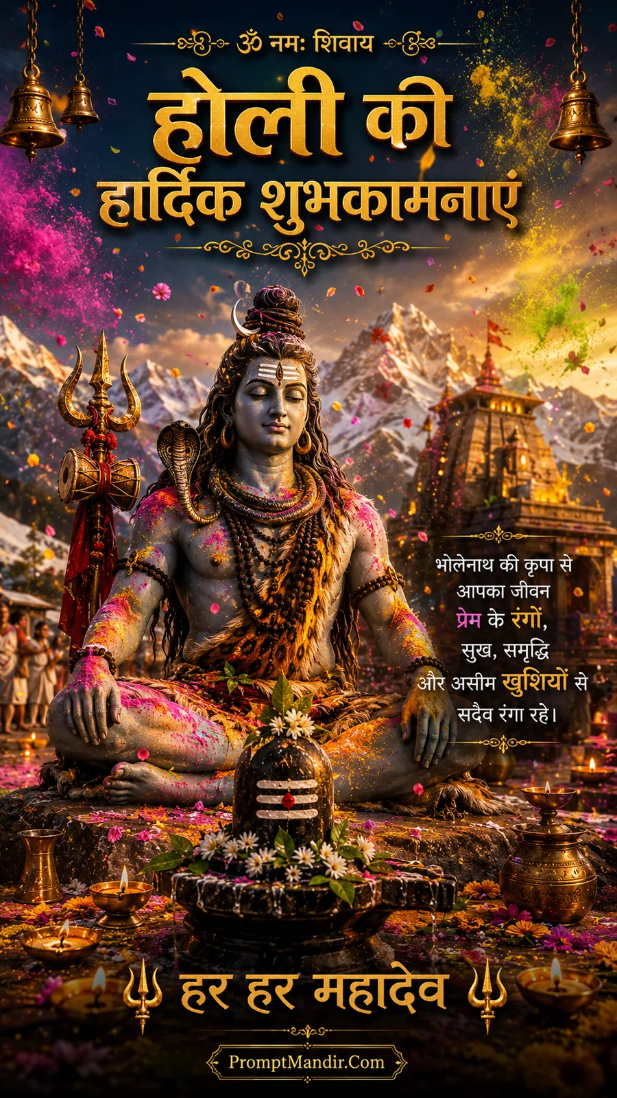 Majestic scene of Lord Shiva sitting in meditation in the Himalayas, with gulal colors flying around him and a Shivling nearby