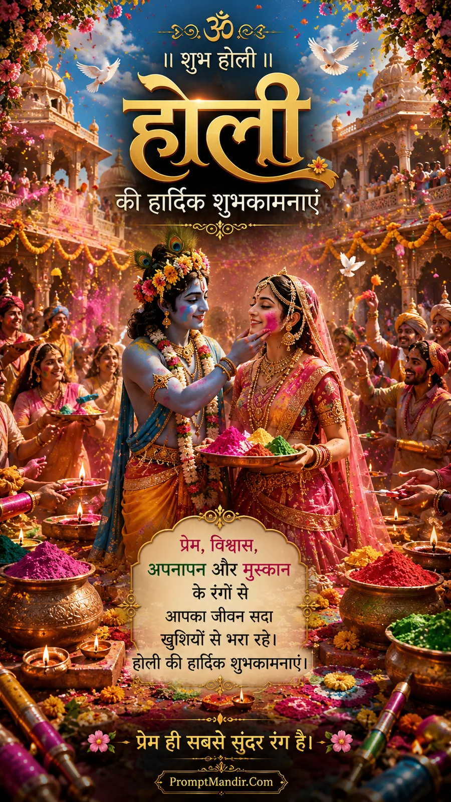 Romantic and colorful scene of Lord Krishna applying color to Radha's face during Holi celebrations in Vrindavan