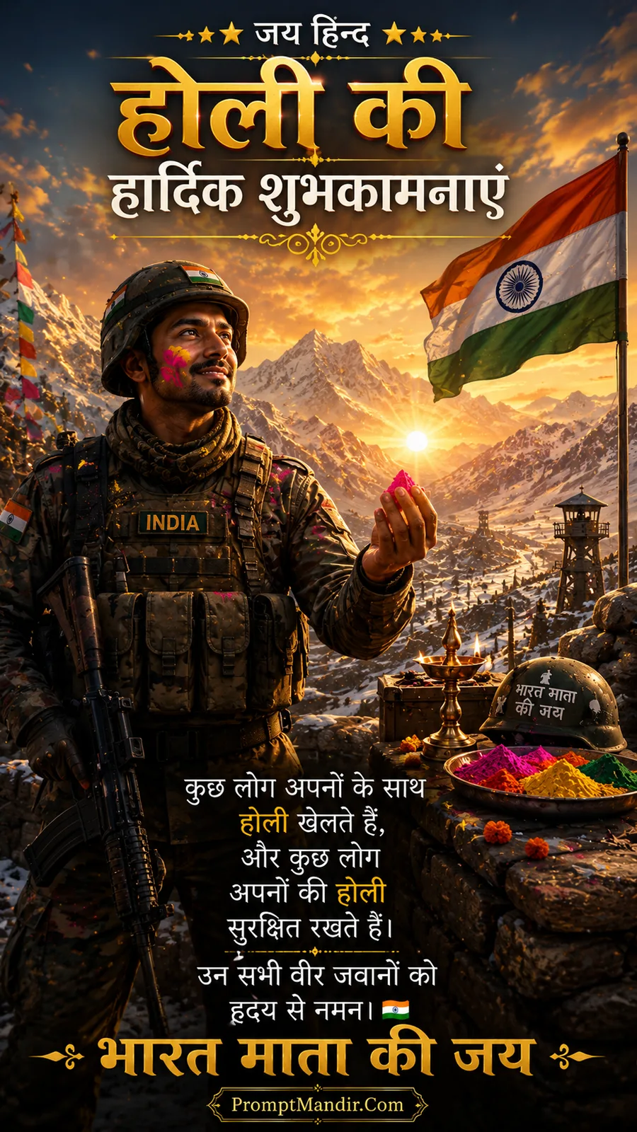 Patriotic scene of an Indian soldier in a snowy Himalayan outpost, saluting and celebrating Holi with pride
