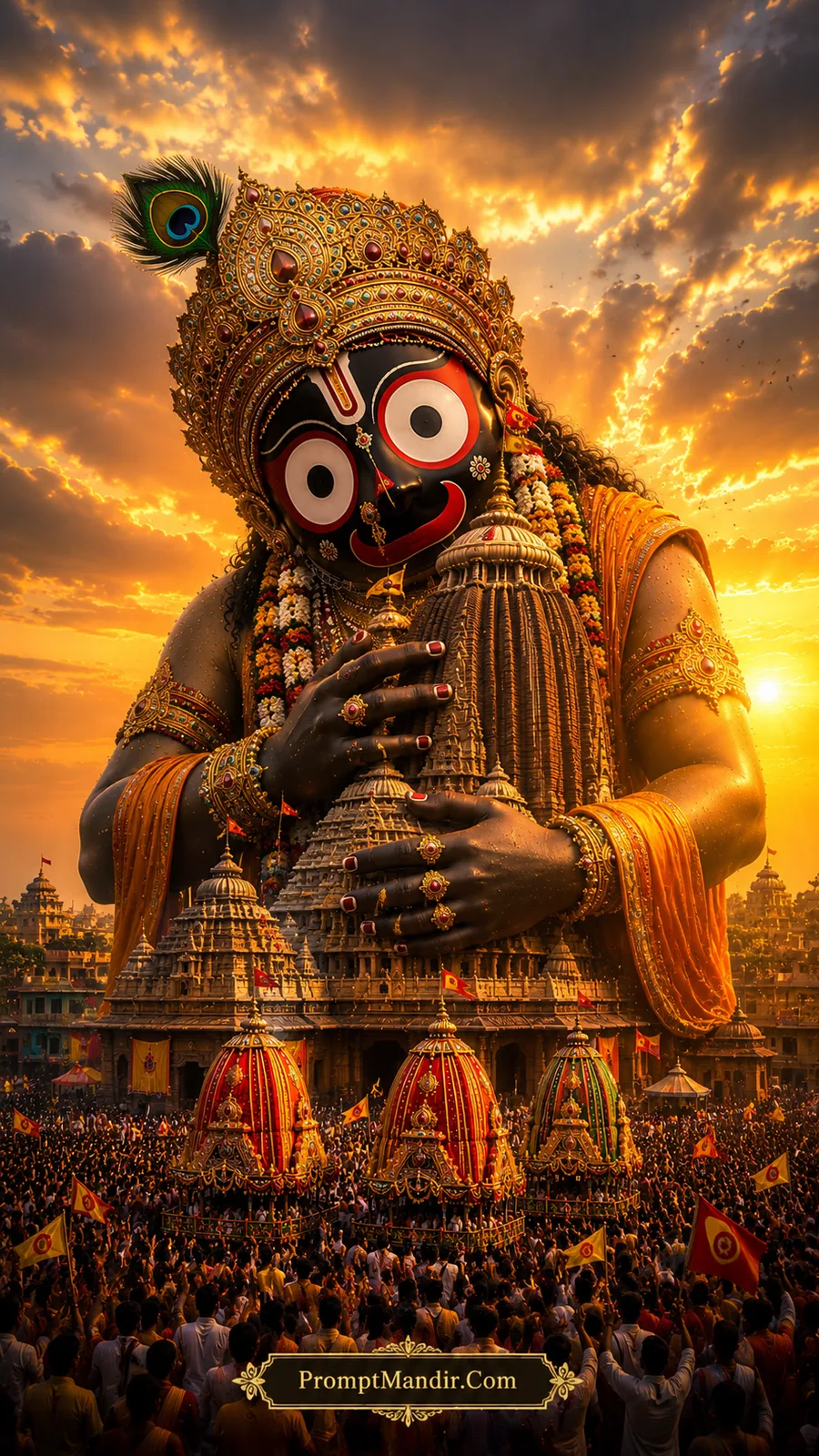 Giant Lord Jagannath holding the Jagannath temple in his hands, towering over the Rath Yatra procession at golden sunset