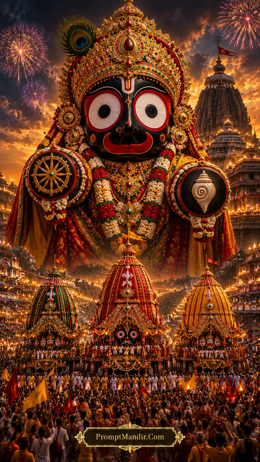 Giant Lord Jagannath with a flaming Sudarshana Chakra and Shankha, towering over the Rath Yatra chariots and a crowd with fireworks