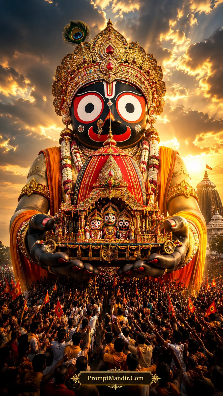Giant Lord Jagannath holding a golden model of the Jagannath temple chariot in his hands, blessing the Rath Yatra crowd