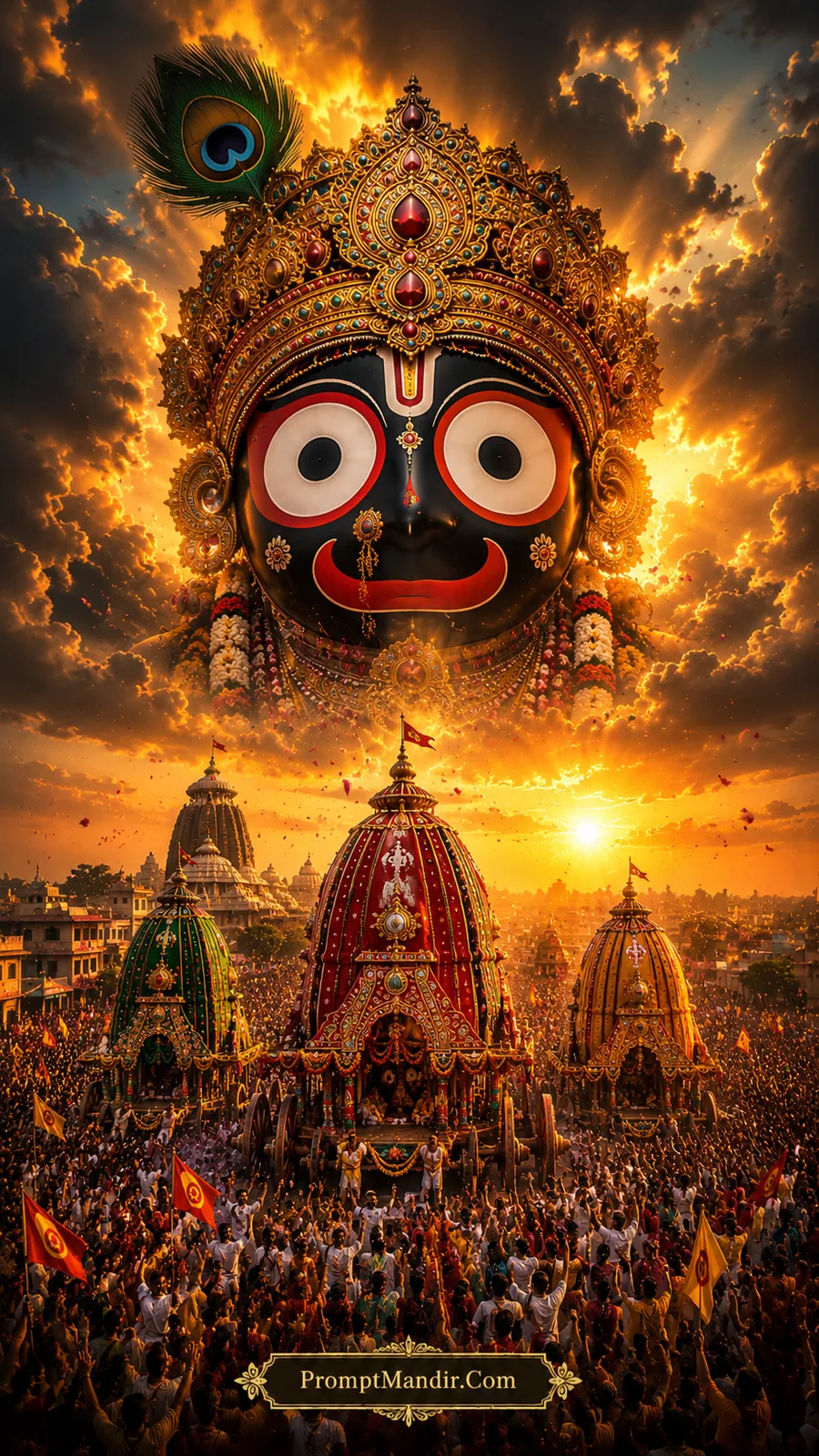 Giant Lord Jagannath's face materializing in the golden clouds, overseeing the Rath Yatra procession on the ground
