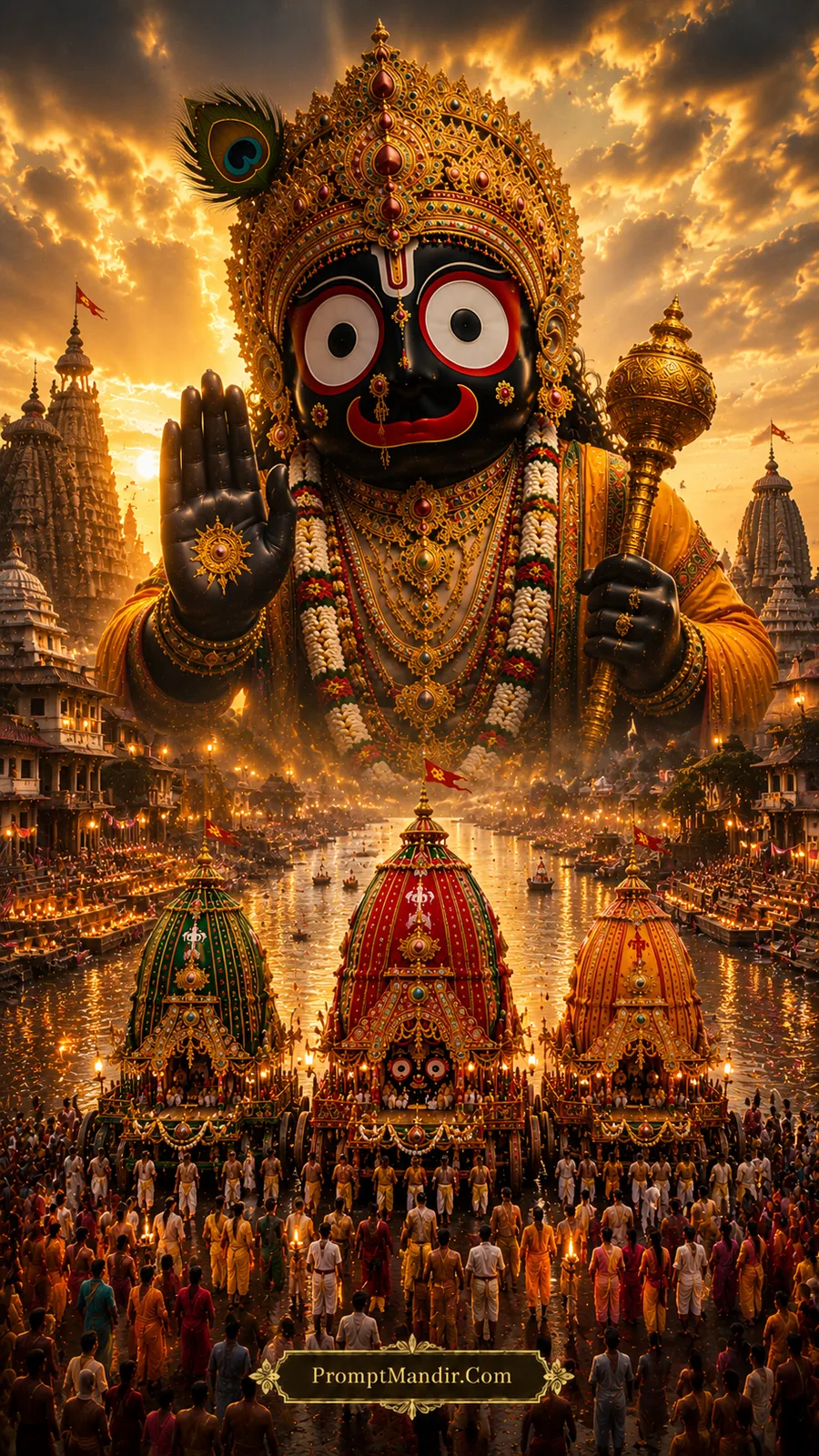 Giant Lord Jagannath standing in a river with raised blessing hand and a mace, overlooking the Rath Yatra chariots and a lit ghat