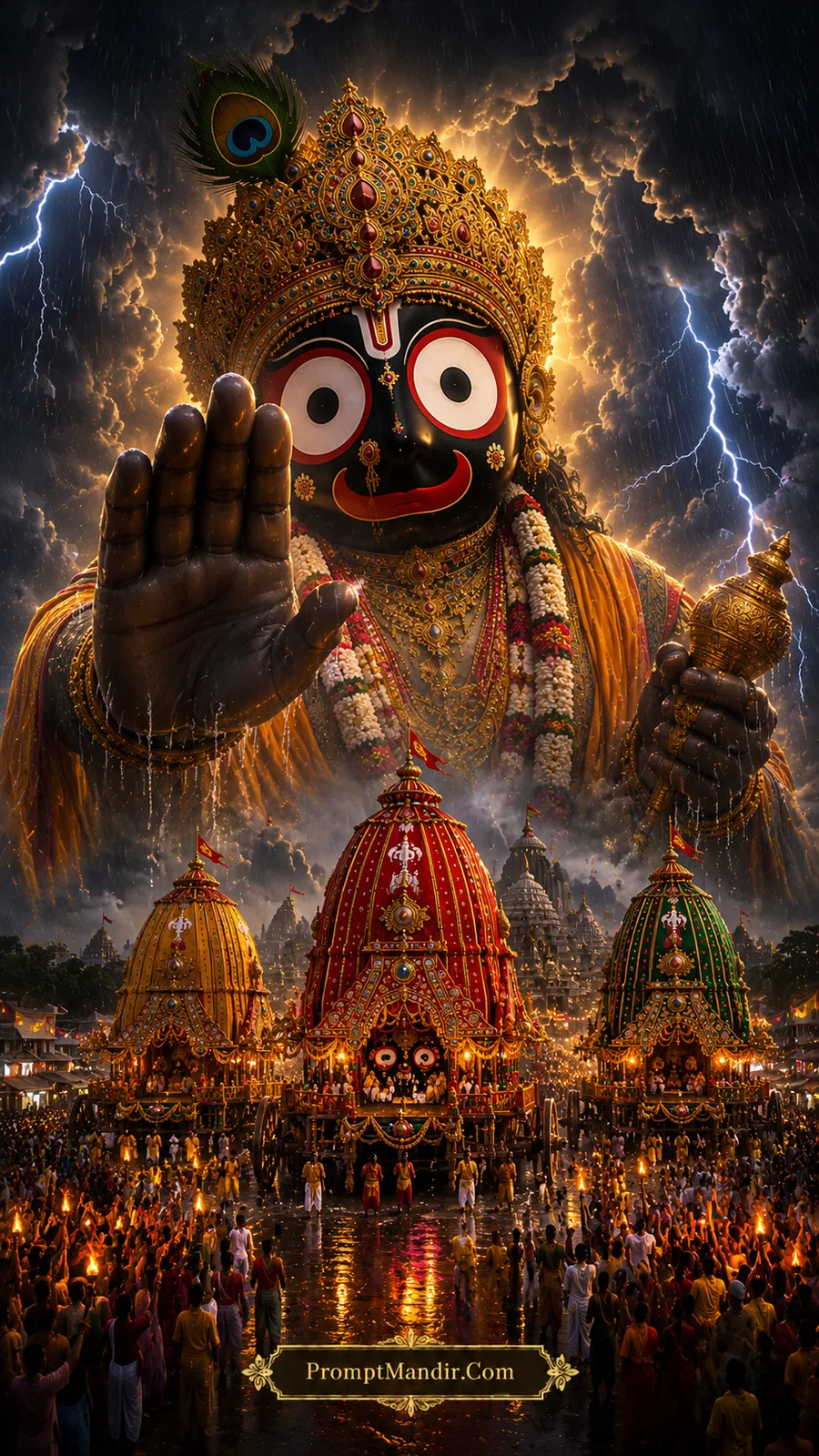 Giant Lord Jagannath blessing from the clouds with a raised hand, while lightning and rain strike the Rath Yatra below
