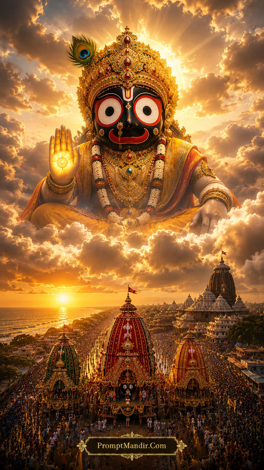 Giant Lord Jagannath seated on clouds above the ocean, blessing the Rath Yatra with a glowing Sudarshana Chakra on his palm