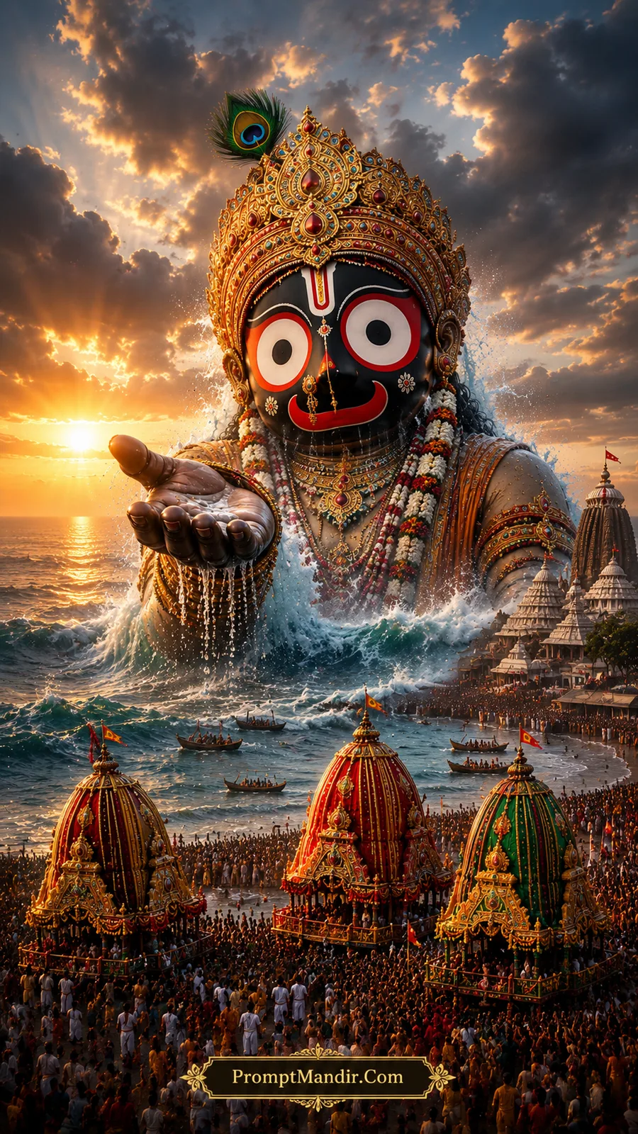 Giant Lord Jagannath rising from the ocean waves, blessing the Rath Yatra with water dripping from his hand