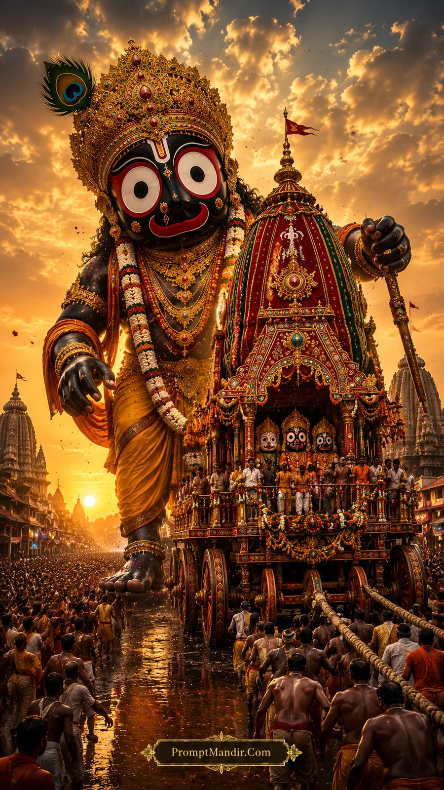 Giant Lord Jagannath walking alongside the Rath Yatra chariot, with devotees pulling the massive ropes