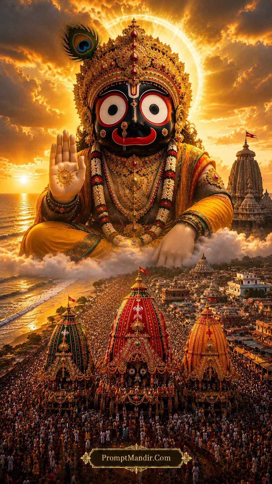 Giant Lord Jagannath seated on clouds with a divine halo, blessing the Rath Yatra and the city of Puri at sunset