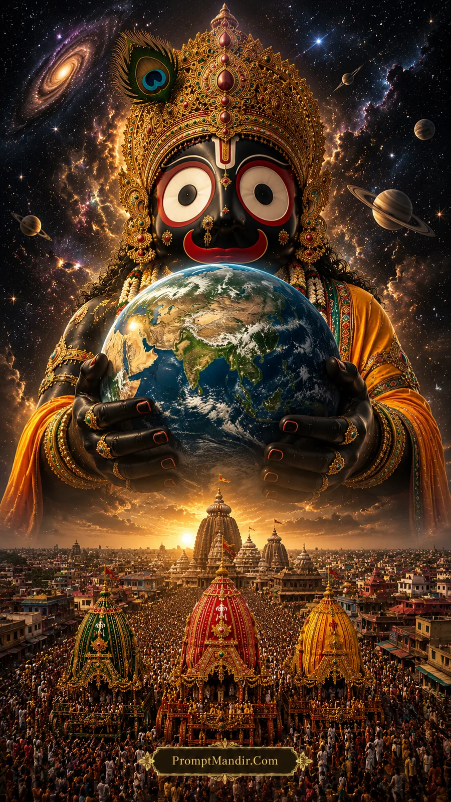 Cosmic giant Lord Jagannath holding the planet Earth in his hands, with planets and galaxies in the background and the Rath Yatra below