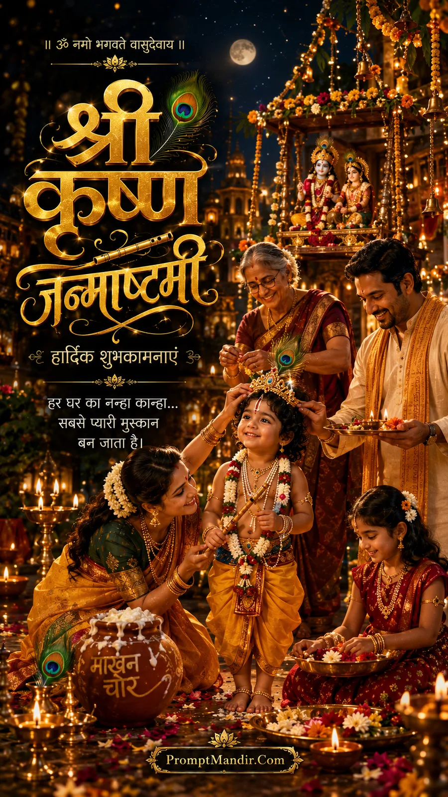 Family celebrating Janmashtami by dressing a young boy as little Krishna with a peacock feather crown and flute, surrounded by diyas and a decorated altar