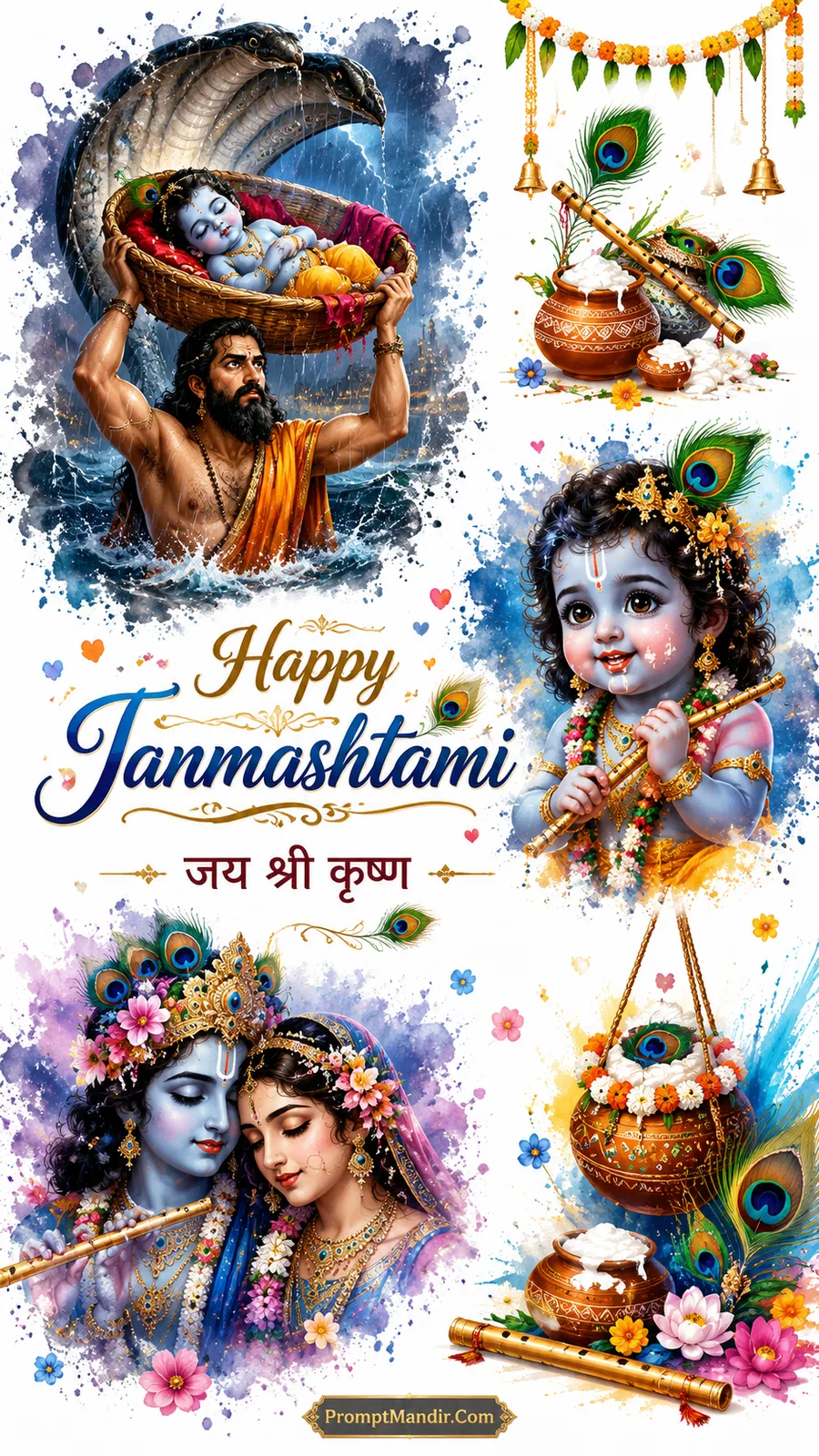 Watercolor-style collage artwork depicting Vasudeva crossing the Yamuna river with baby Krishna, Radha-Krishna playing flute, and Makhan Chor scenes