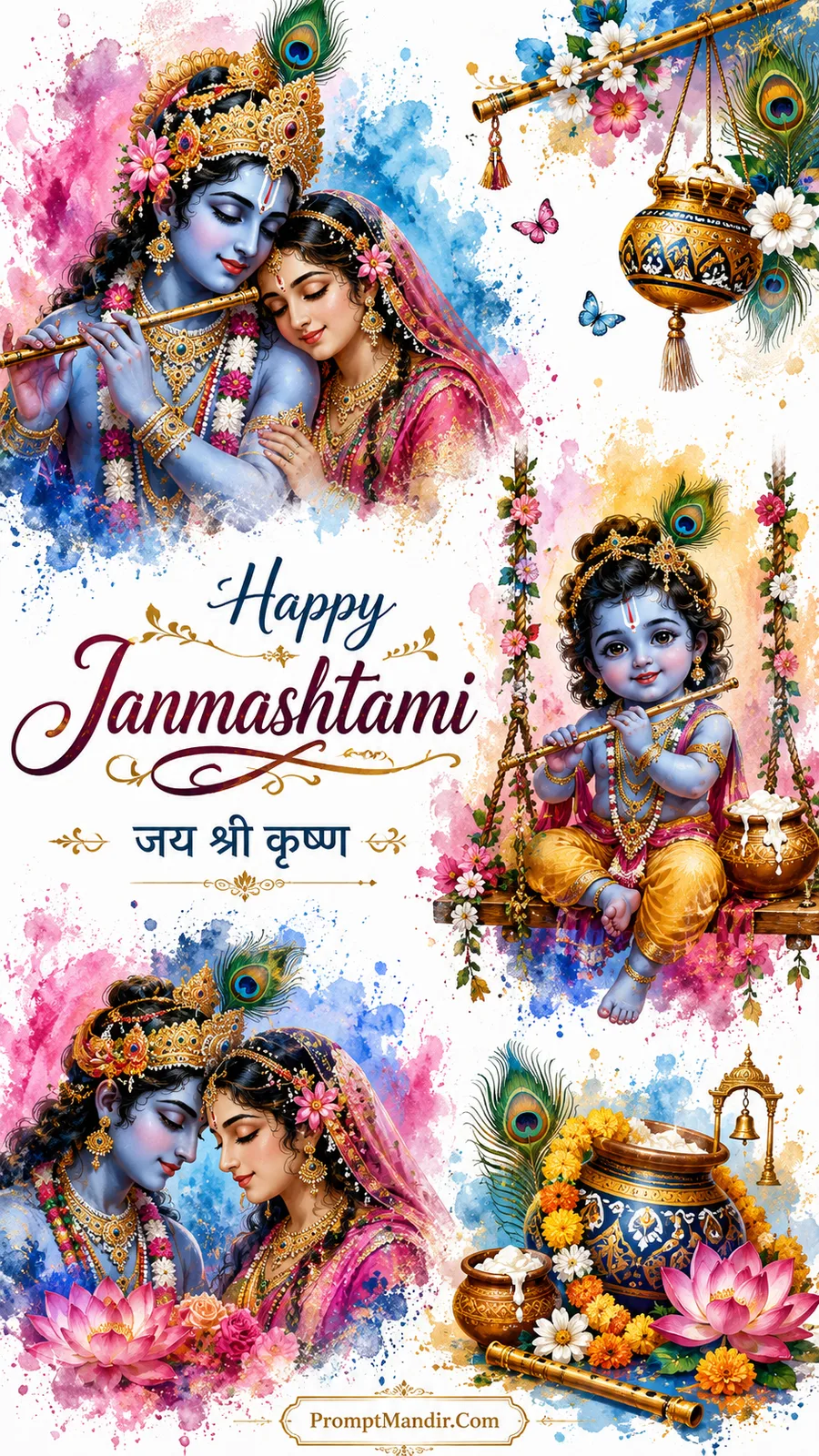 Watercolor-style collage artwork featuring Radha-Krishna romance, baby Krishna on a swing, a flute, a flute, and a pot of butter