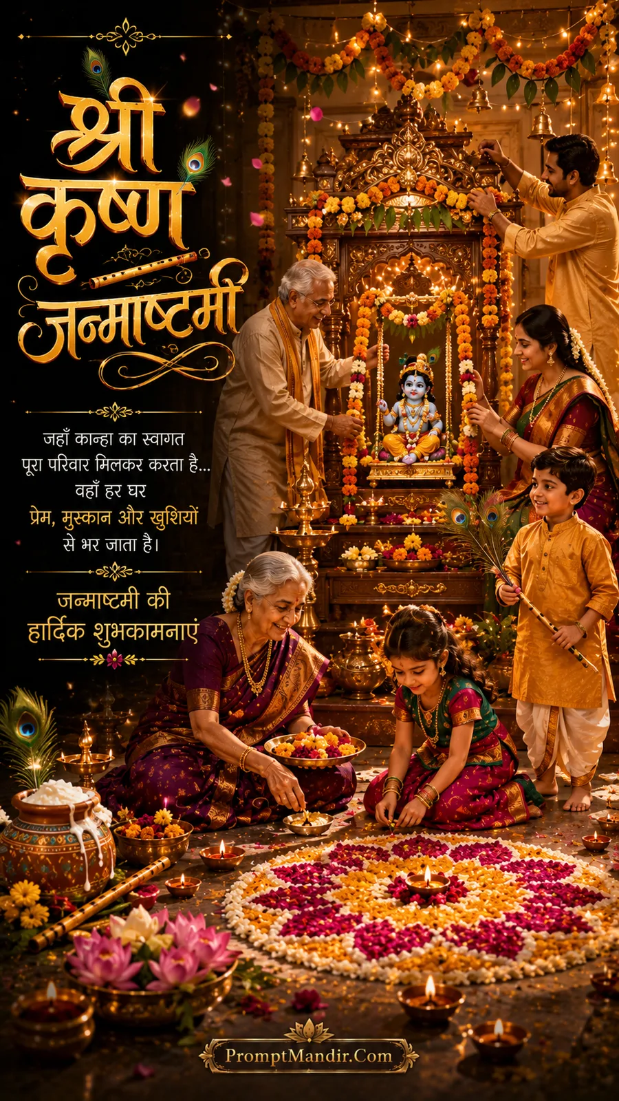 Family decorating an idol of baby Krishna and making a rangoli on Janmashtami