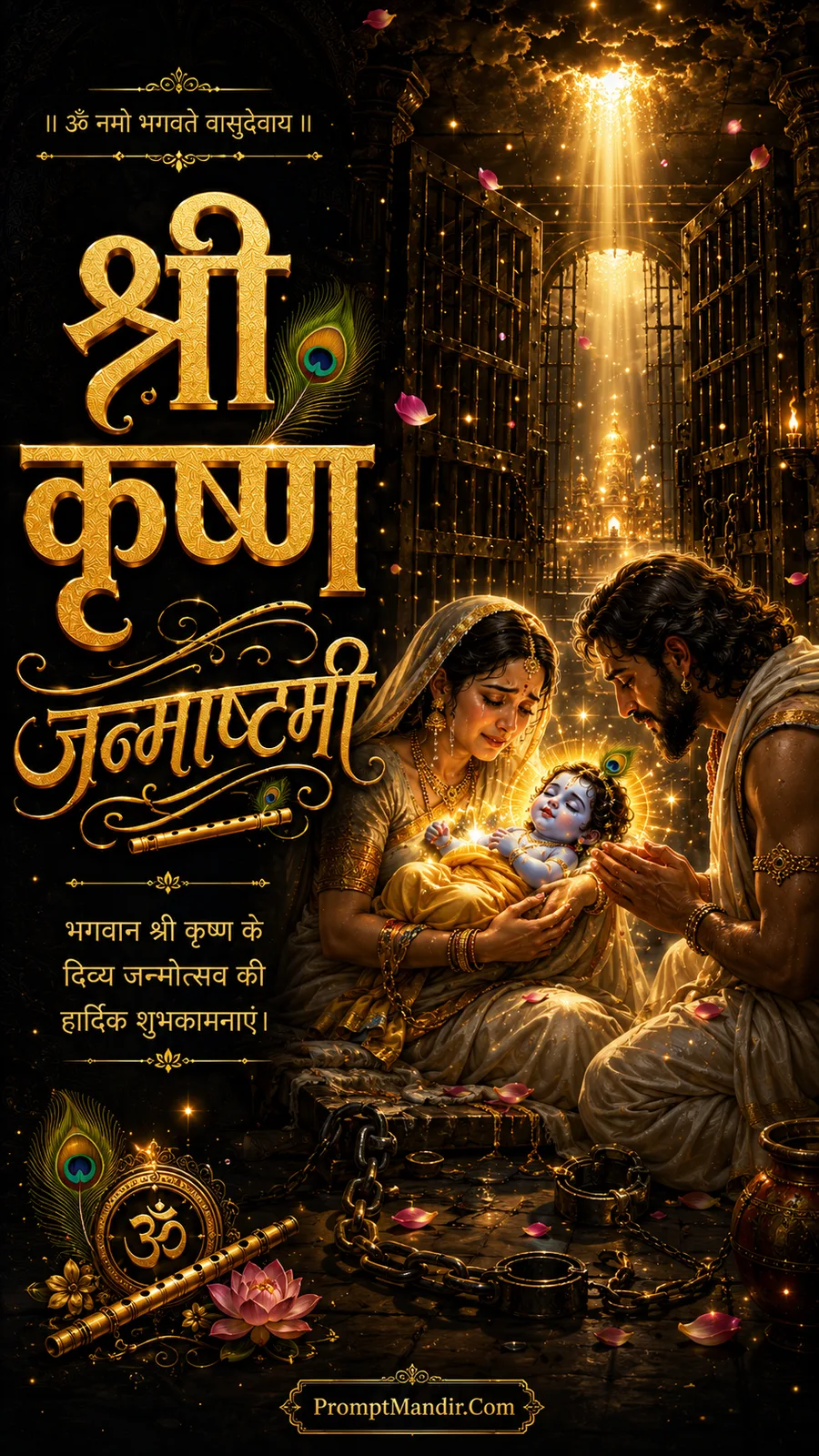 Dramatic and sacred scene of Vasudeva holding baby Krishna in his hands inside the prison cell, with divine light breaking through the bars