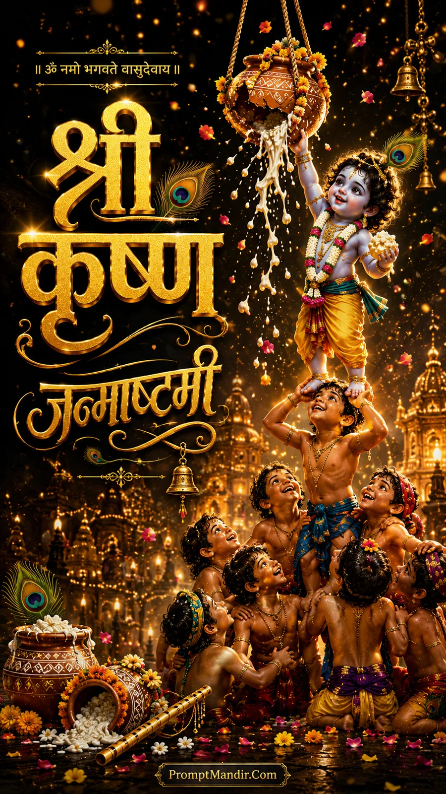 Dynamic scene of baby Krishna eating butter from a hanging pot while standing on the shoulders of his friends (Makhan Chor/Govinda)