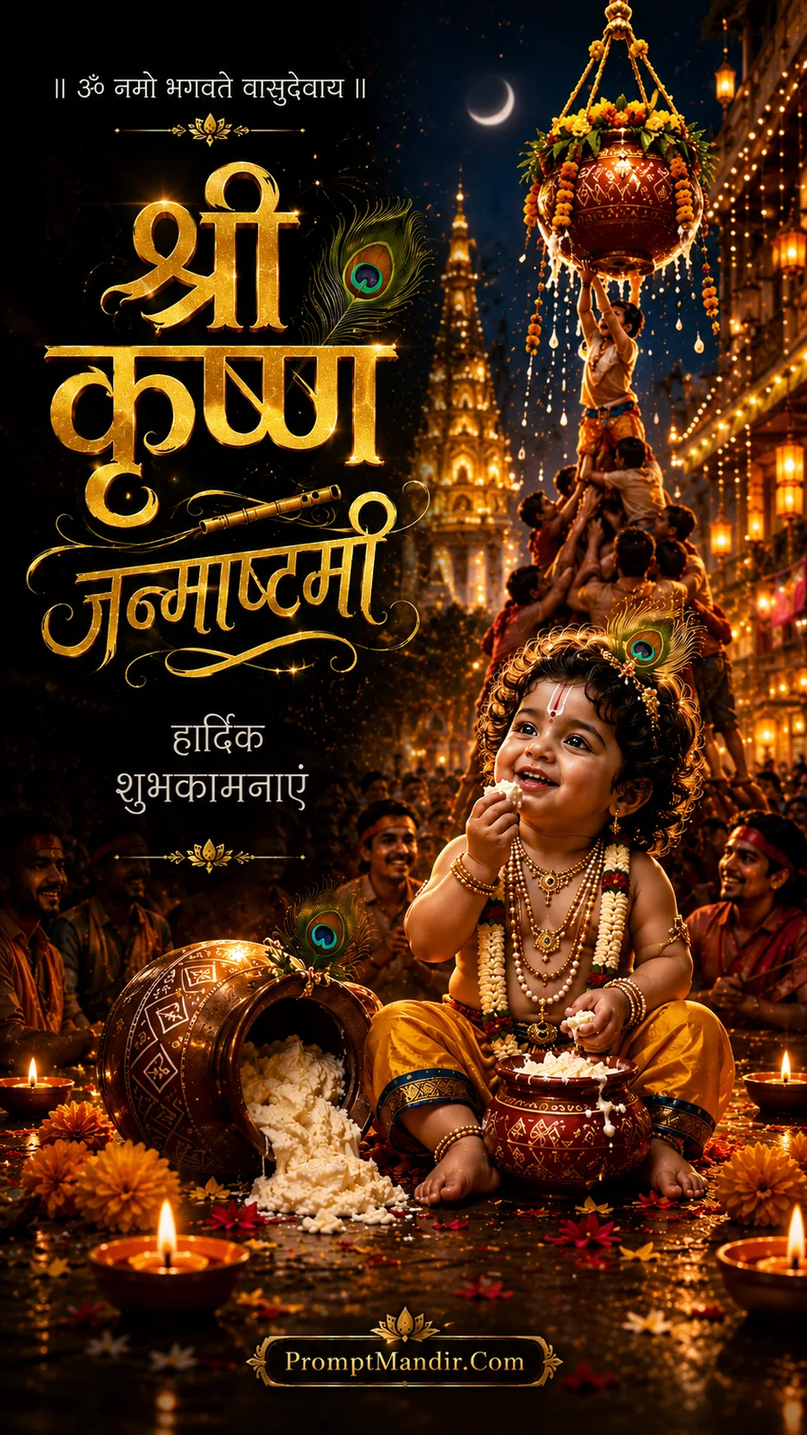 Sweet scene of baby Krishna enjoying butter and curd from a broken pot at night