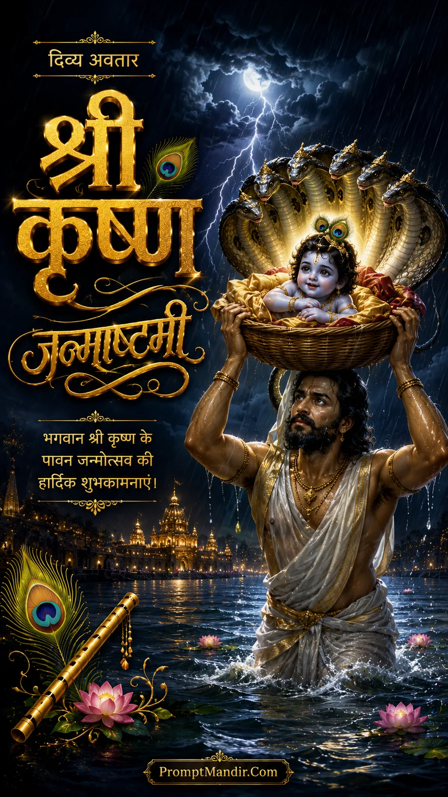 Dramatic scene of Vasudeva carrying baby Krishna in a basket across the Yamuna river, protected by the five-headed Shesha Naag