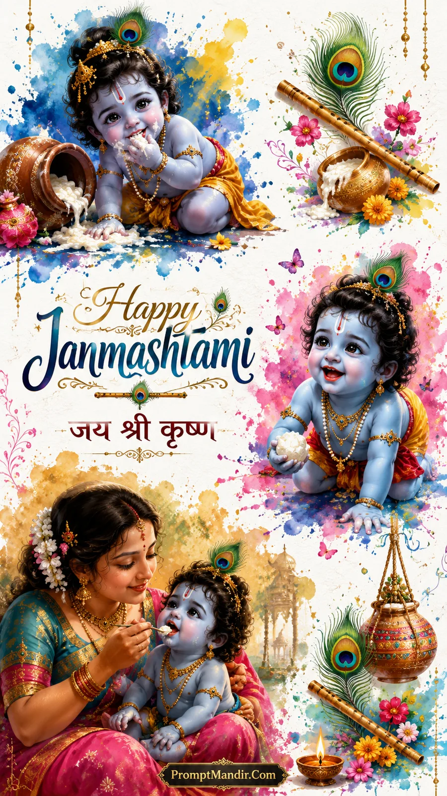 Watercolor-style collage artwork featuring baby Krishna eating makhan, sitting on a swing, and Yashoda feeding him