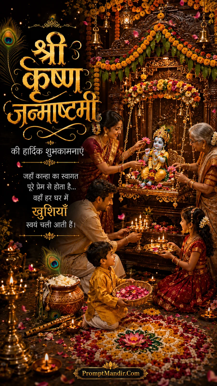 Family performing Janmashtami puja around a beautifully decorated swing containing an idol of baby Krishna