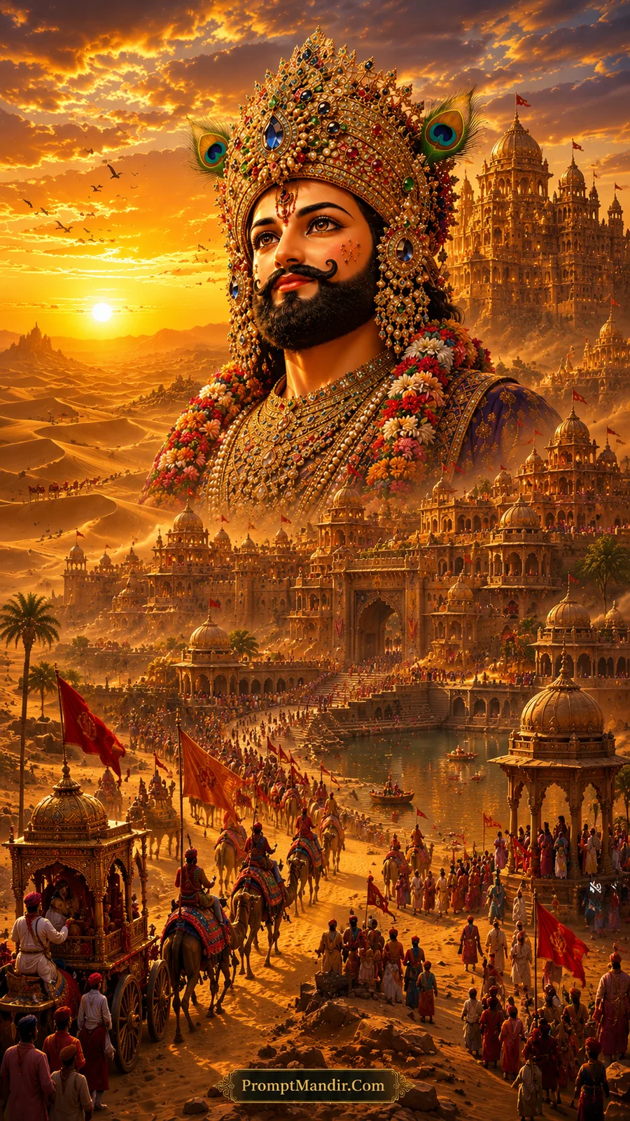 Majestic double exposure artwork of Lord Shyam's face in the sky, overlooking a golden desert kingdom with a grand procession and temple city at sunset