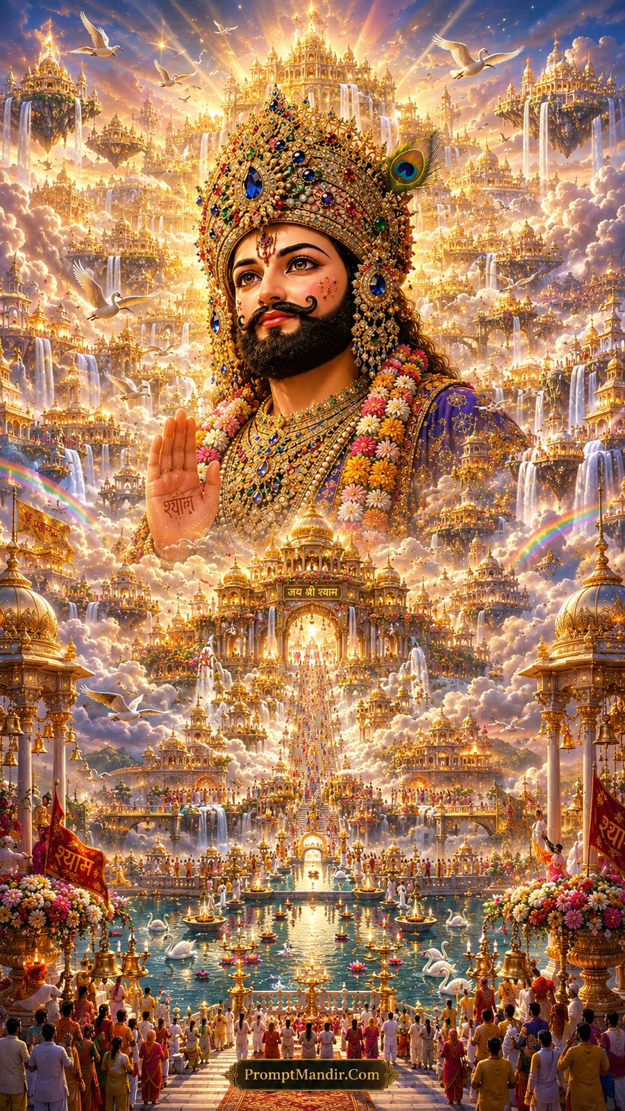 Divine double exposure artwork of Lord Shyam raising his hand in blessing over a celestial golden paradise with floating temples and devotees