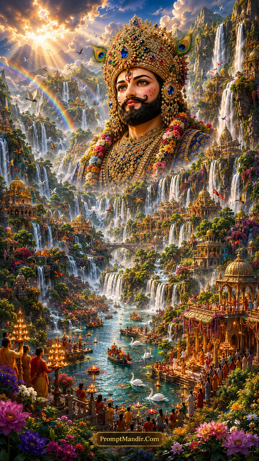 Double exposure artwork of Lord Shyam's face overlooking a lush green kingdom with cascading waterfalls, rainbows, and a river filled with devotional Aarti lamps
