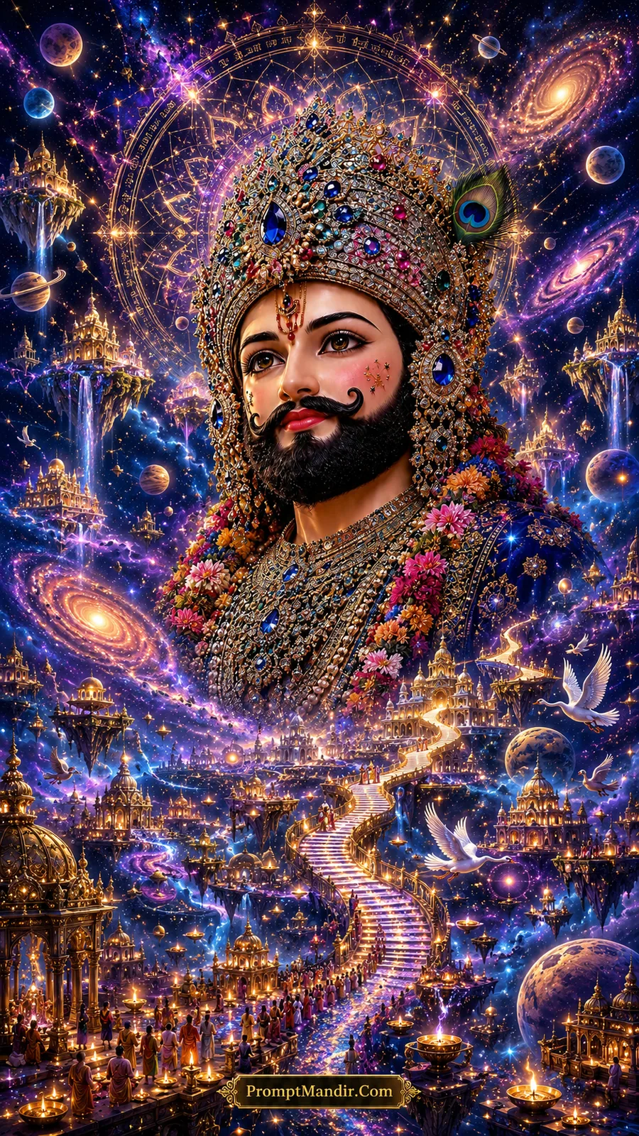 Cosmic double exposure artwork of Lord Shyam's face surrounded by galaxies, planets, and celestial geometry, with a golden staircase leading to the sky
