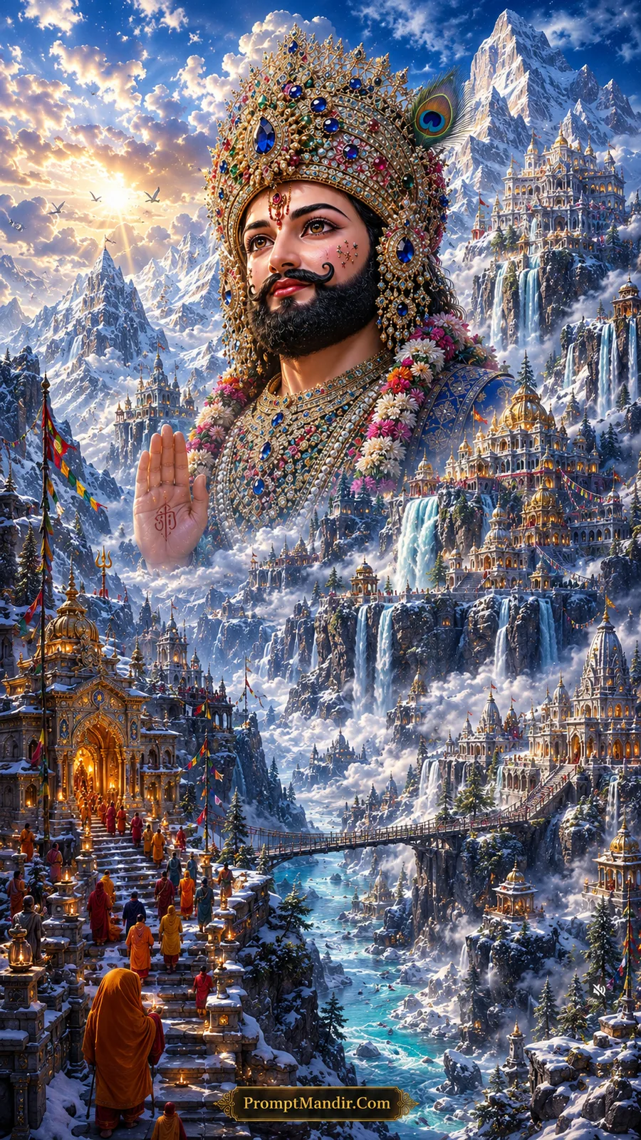 Double exposure artwork of Lord Shyam blessing a snowy Himalayan kingdom with snow-capped peaks, a suspension bridge, and a river
