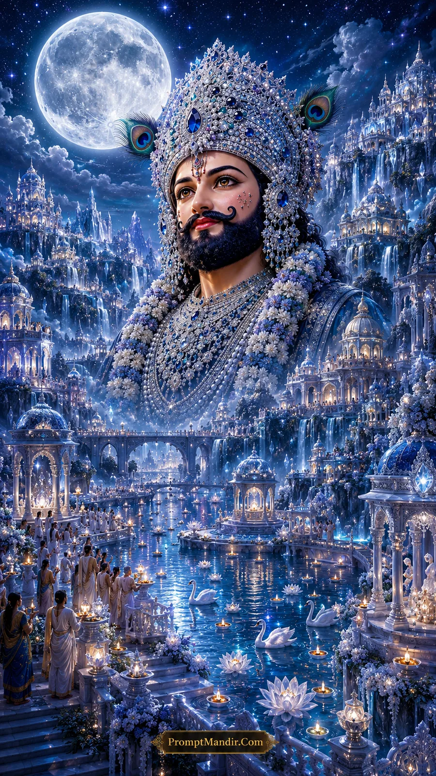 Moonlit double exposure artwork of Lord Shyam's face in a starry night sky, overlooking a silver-blue crystal kingdom with swans and floating lamps