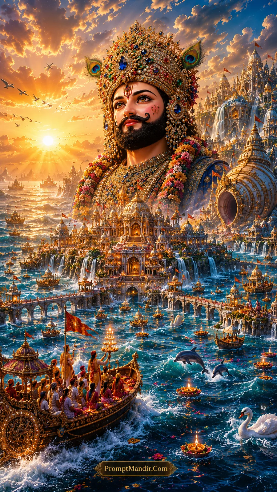 Double exposure artwork of Lord Shyam's face rising from the ocean at sunset, with a grand temple city, ships, dolphins, and a giant conch shell