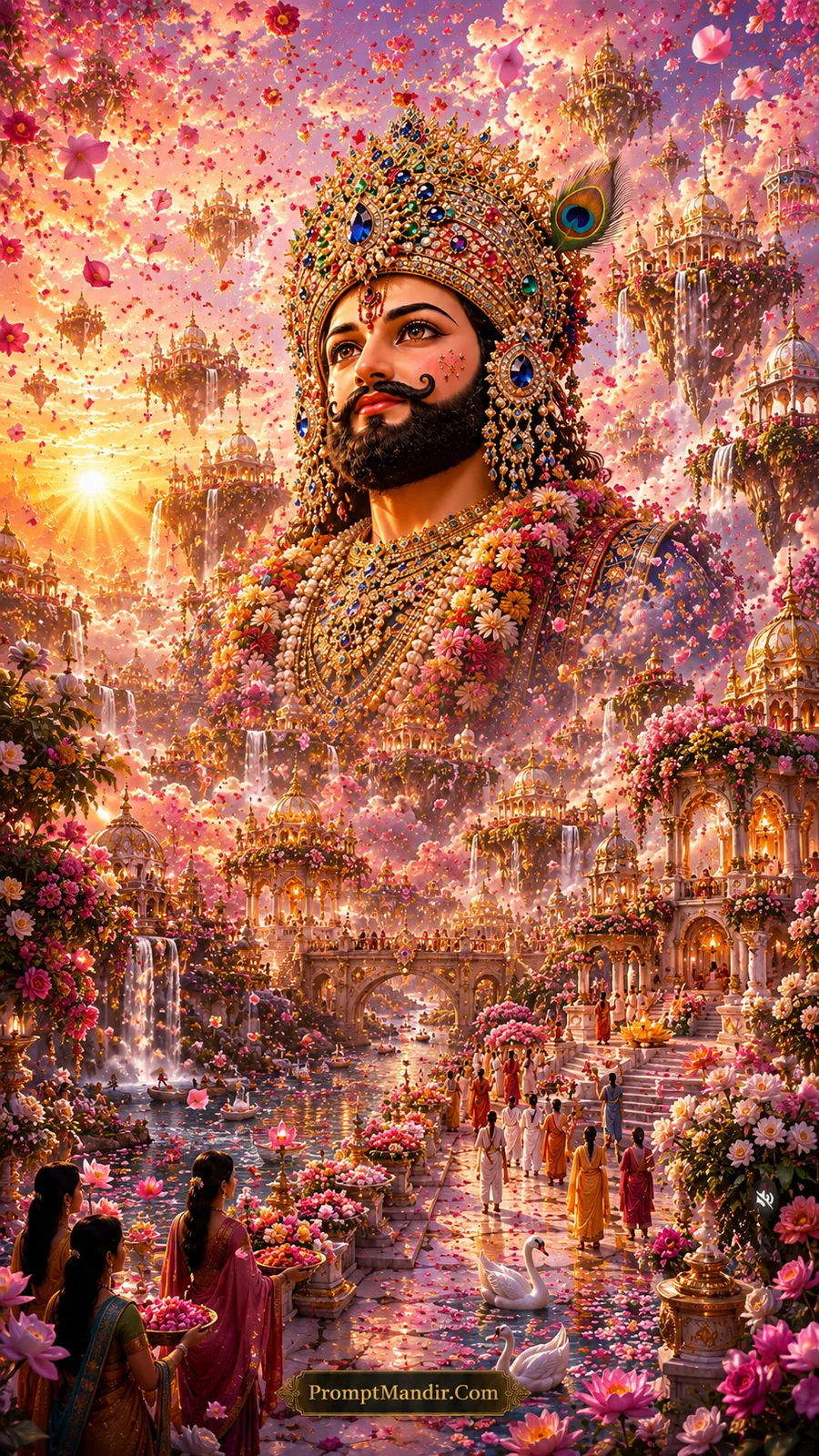 Pastel pink double exposure artwork of Lord Shyam's face overlooking a blooming pink flower kingdom with swans and a river
