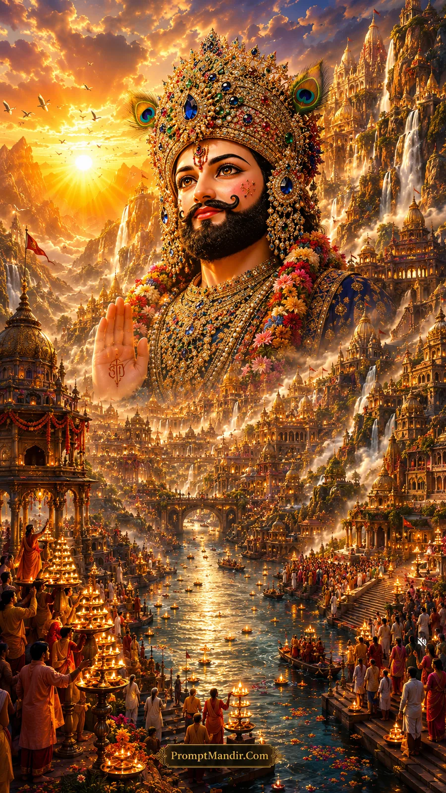 Golden sunrise double exposure artwork of Lord Shyam's face blessing a grand river kingdom with Aarti lamps and waterfalls