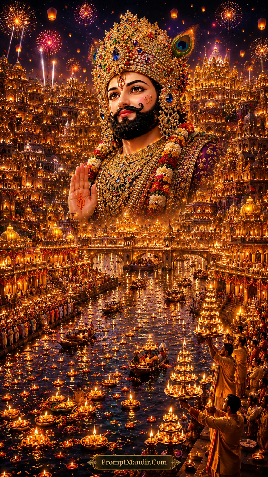 Festive night double exposure artwork of Lord Shyam's face over a glowing city filled with fireworks, sky lanterns, and floating diyas