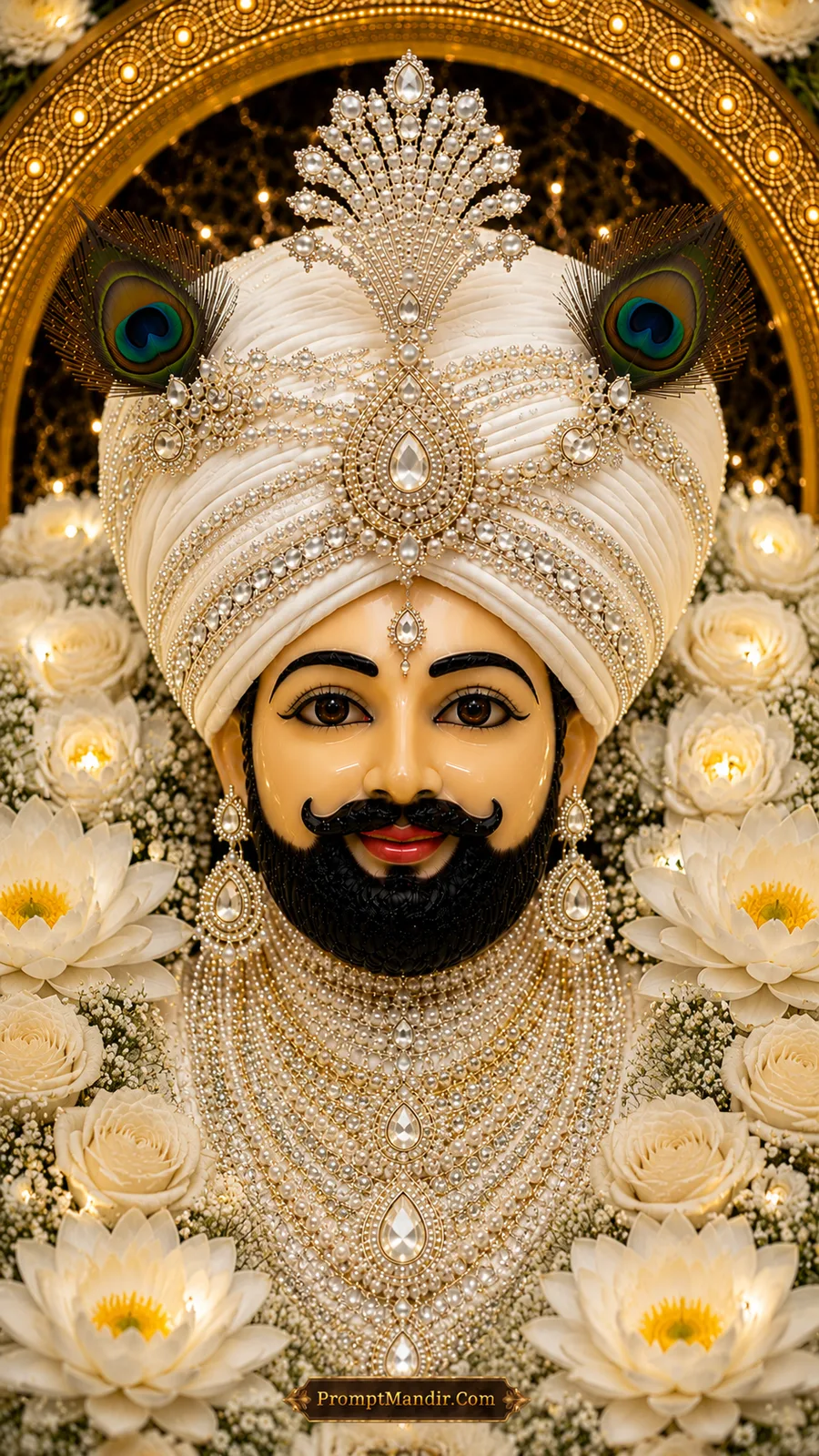Royal portrait of Khatu Shyam Baba in a white turban, adorned with diamonds, pearls, and peacock feathers, surrounded by white lotus flowers and fairy lights